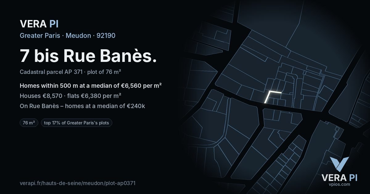 7 bis Rue Banès, Meudon at night – the plot lit, the parcels around coloured by the prices near them