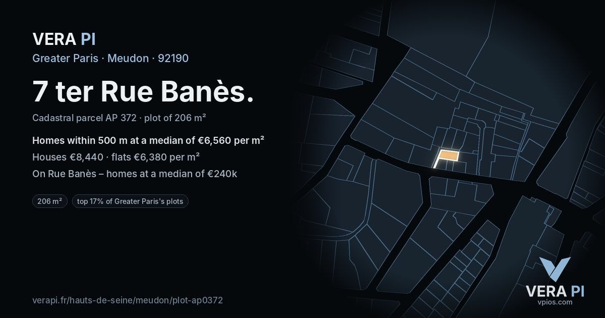 7 ter Rue Banès, Meudon at night – the plot lit, the parcels around coloured by the prices near them