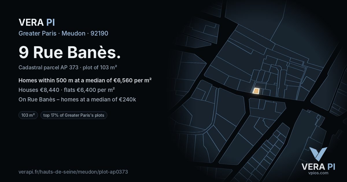 9 Rue Banès, Meudon at night – the plot lit, the parcels around coloured by the prices near them