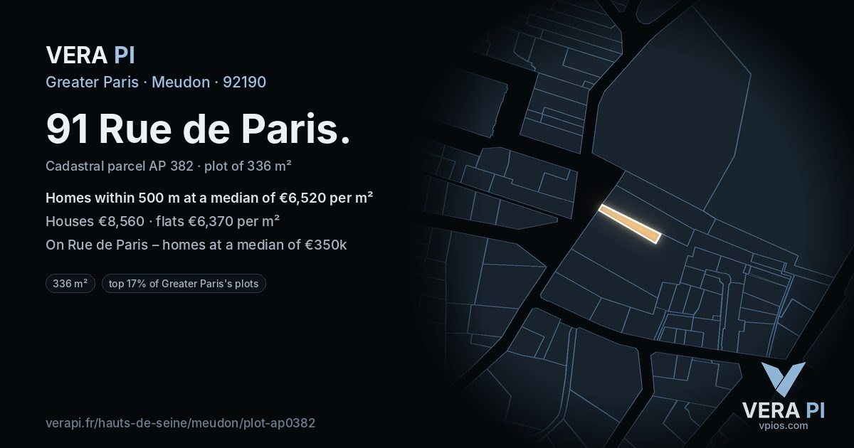 91 Rue de Paris, Meudon at night – the plot lit, the parcels around coloured by the prices near them
