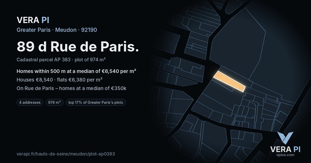 89 d Rue de Paris, Meudon at night – the plot lit, the parcels around coloured by the prices near them
