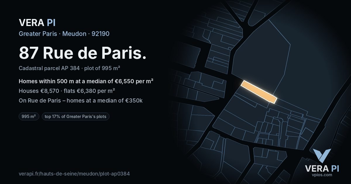 87 Rue de Paris, Meudon at night – the plot lit, the parcels around coloured by the prices near them