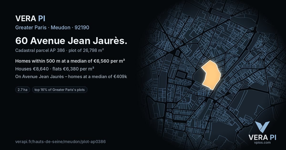 60 Avenue Jean Jaurès, Meudon at night – the plot lit, the parcels around coloured by the prices near them