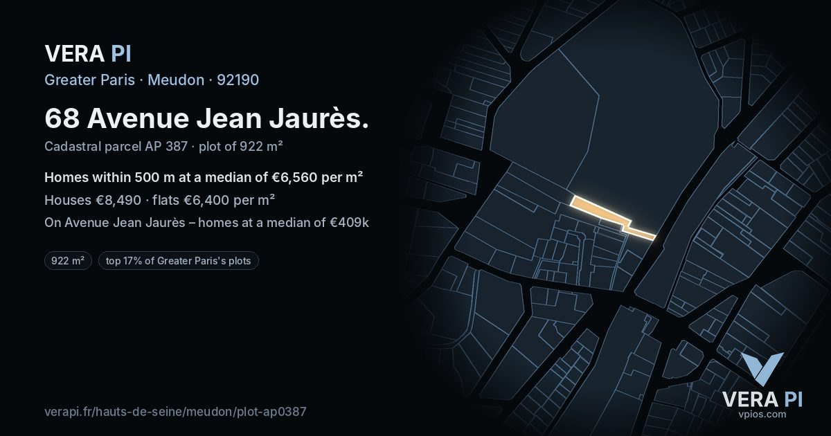 68 Avenue Jean Jaurès, Meudon at night – the plot lit, the parcels around coloured by the prices near them