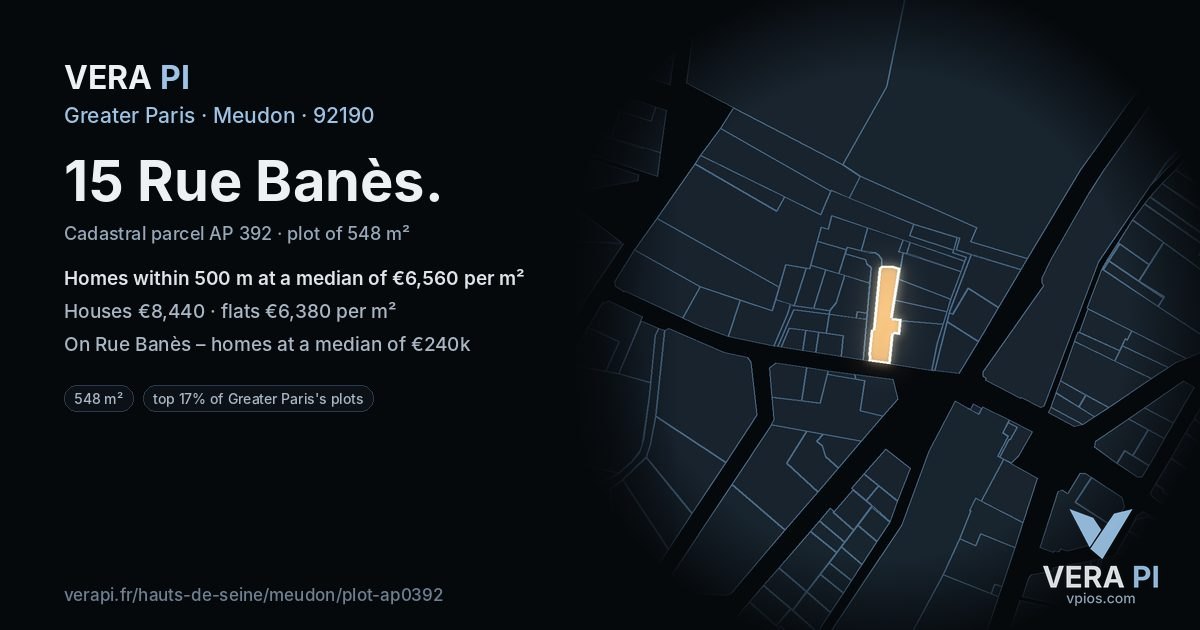 15 Rue Banès, Meudon at night – the plot lit, the parcels around coloured by the prices near them