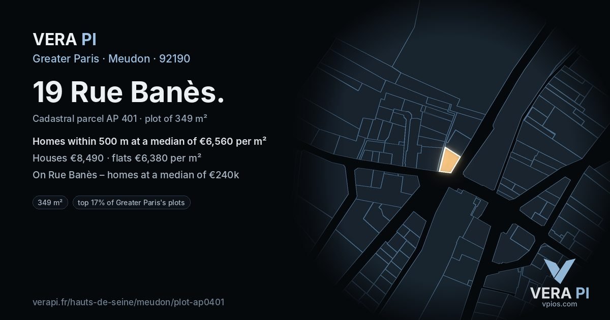 19 Rue Banès, Meudon at night – the plot lit, the parcels around coloured by the prices near them