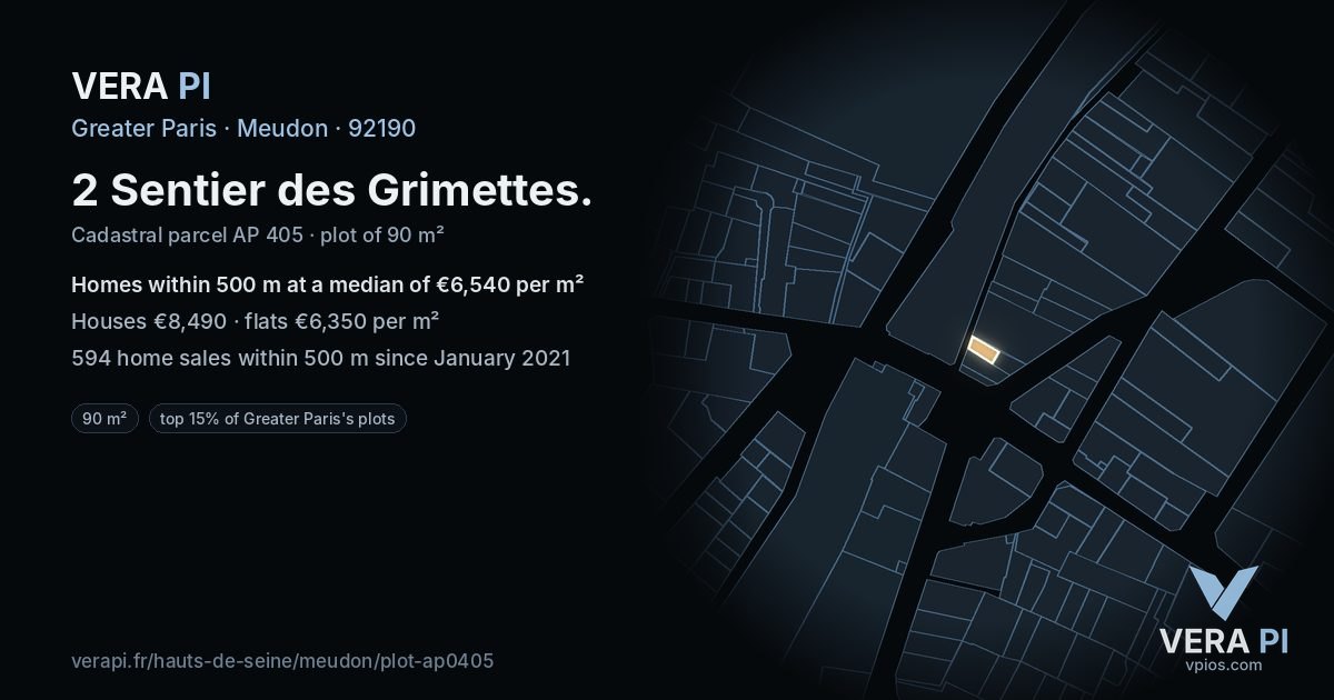 2 Sentier des Grimettes, Meudon at night – the plot lit, the parcels around coloured by the prices near them