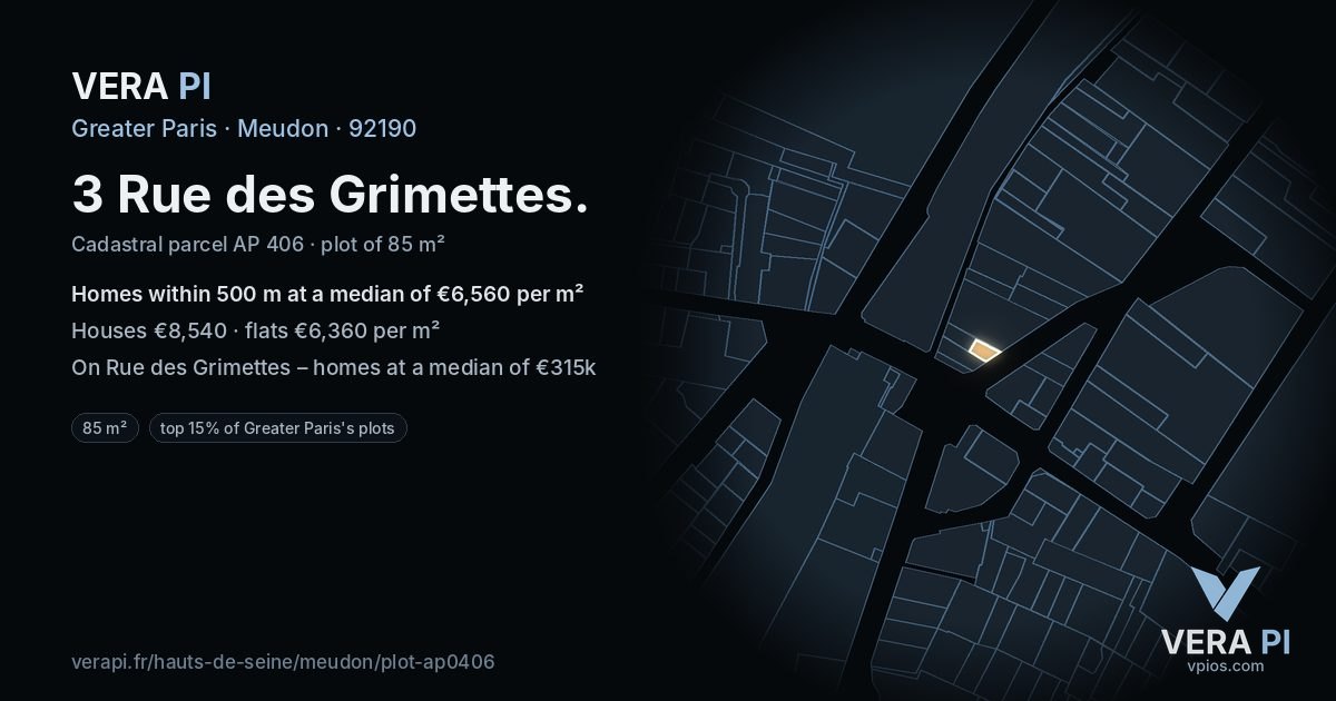 3 Rue des Grimettes, Meudon at night – the plot lit, the parcels around coloured by the prices near them