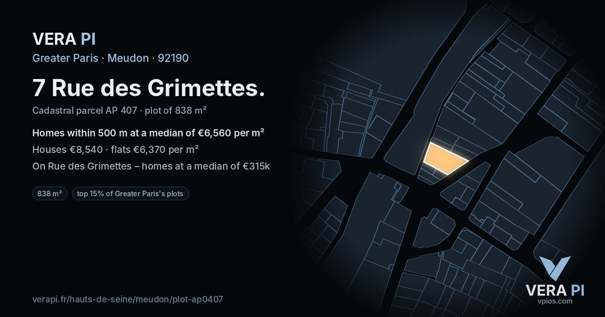 7 Rue des Grimettes, Meudon at night – the plot lit, the parcels around coloured by the prices near them