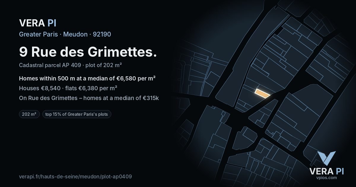 9 Rue des Grimettes, Meudon at night – the plot lit, the parcels around coloured by the prices near them
