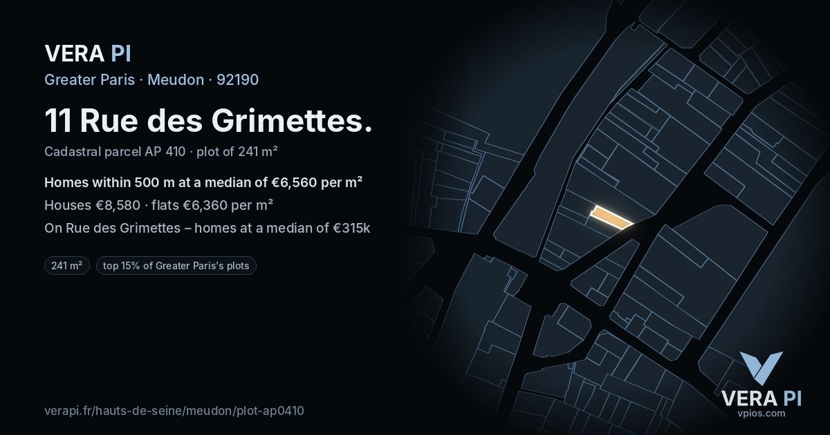 11 Rue des Grimettes, Meudon at night – the plot lit, the parcels around coloured by the prices near them