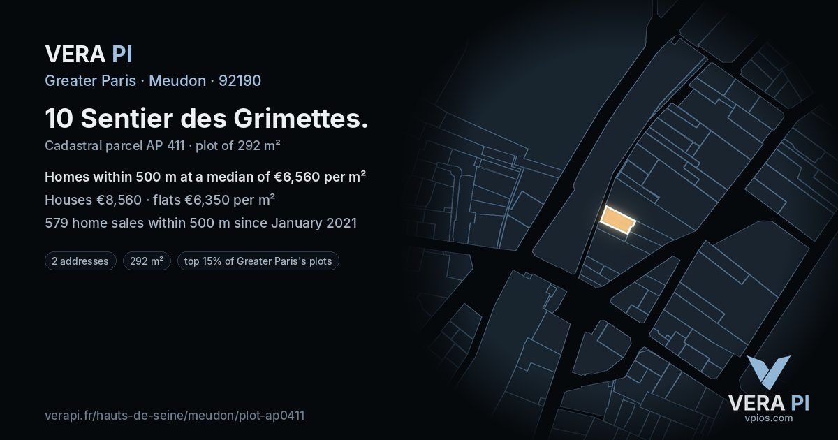 10 Sentier des Grimettes, Meudon at night – the plot lit, the parcels around coloured by the prices near them