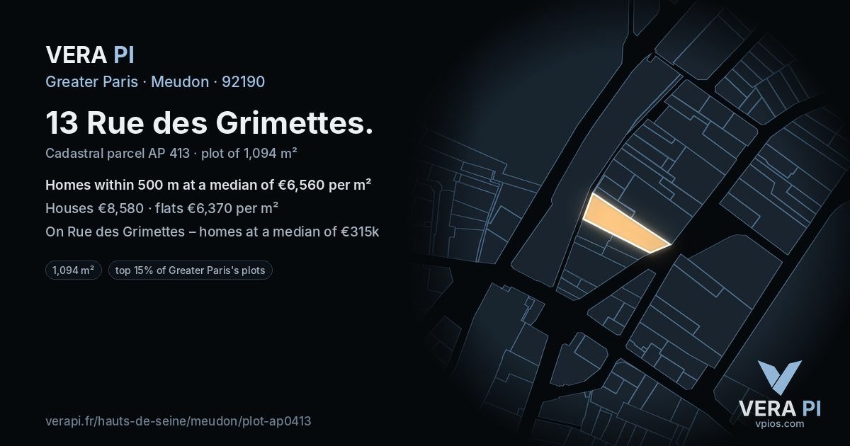 13 Rue des Grimettes, Meudon at night – the plot lit, the parcels around coloured by the prices near them