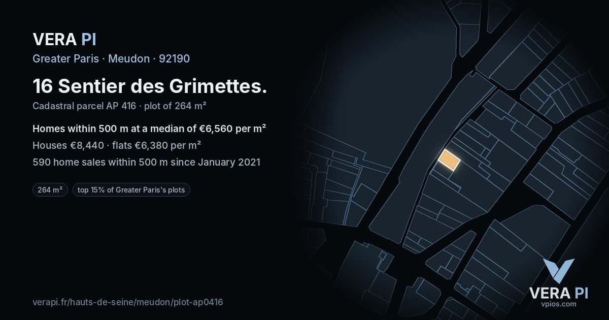 16 Sentier des Grimettes, Meudon at night – the plot lit, the parcels around coloured by the prices near them
