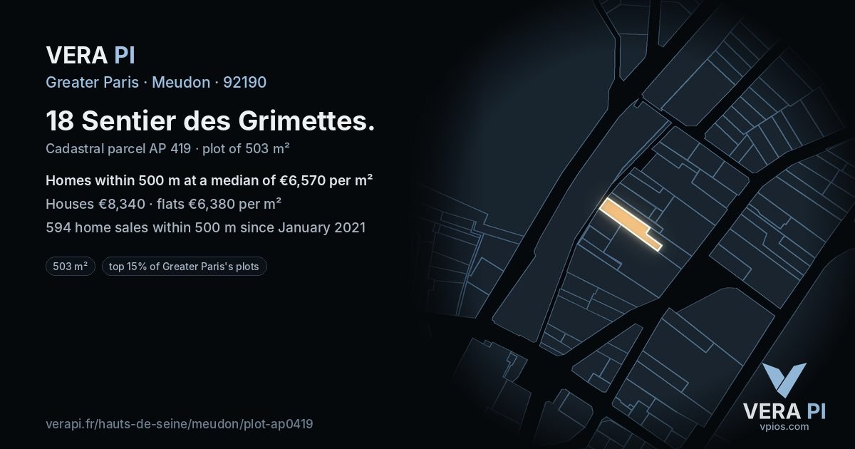 18 Sentier des Grimettes, Meudon at night – the plot lit, the parcels around coloured by the prices near them