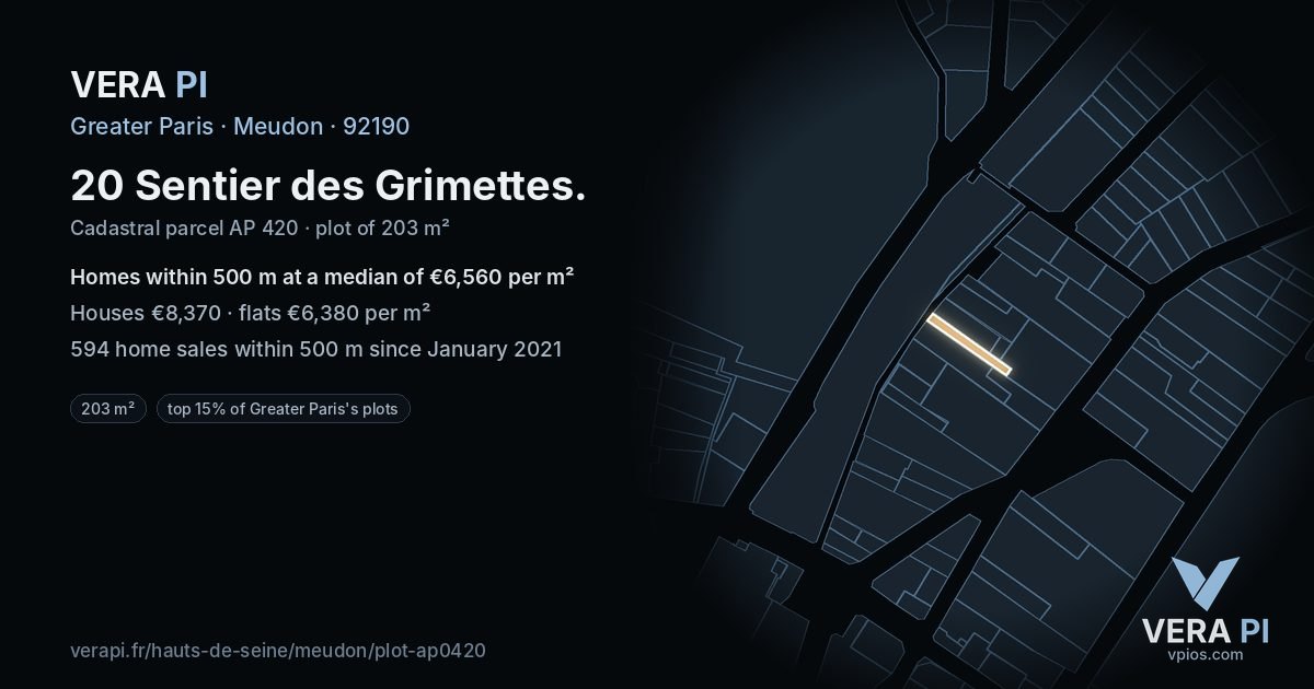 20 Sentier des Grimettes, Meudon at night – the plot lit, the parcels around coloured by the prices near them