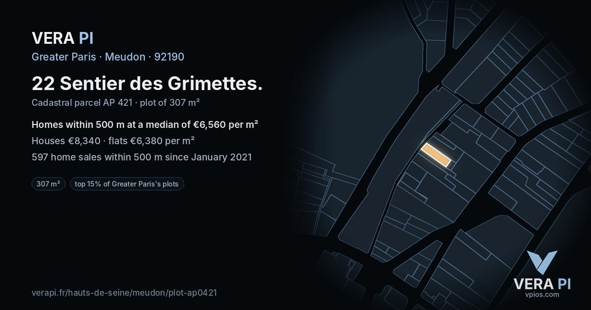 22 Sentier des Grimettes, Meudon at night – the plot lit, the parcels around coloured by the prices near them