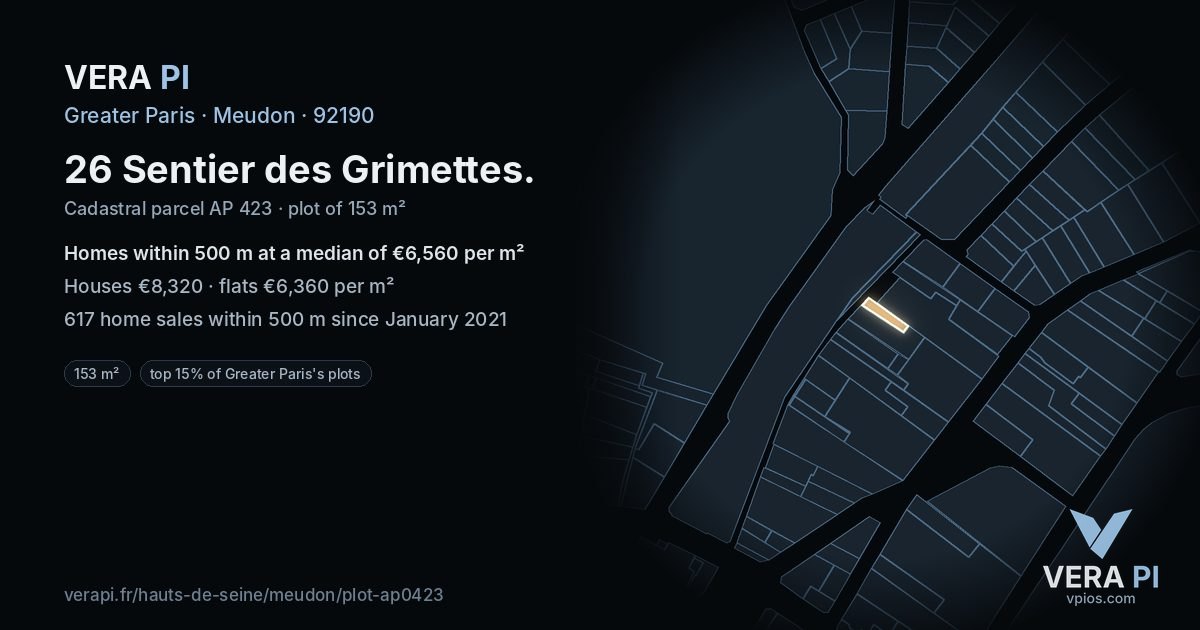 26 Sentier des Grimettes, Meudon at night – the plot lit, the parcels around coloured by the prices near them