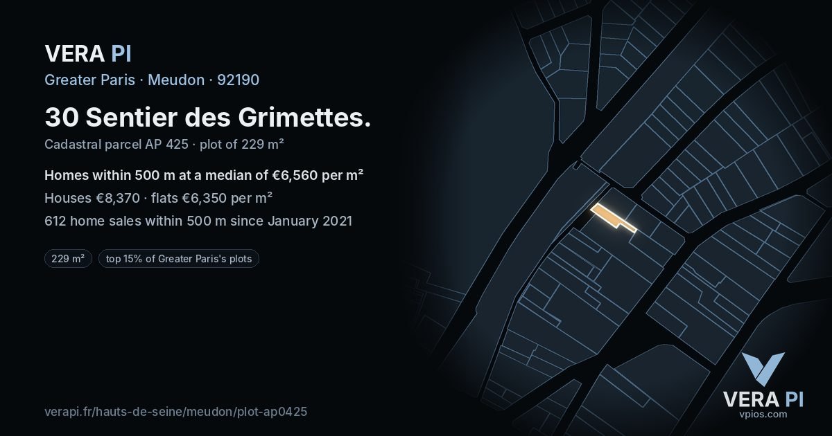 30 Sentier des Grimettes, Meudon at night – the plot lit, the parcels around coloured by the prices near them