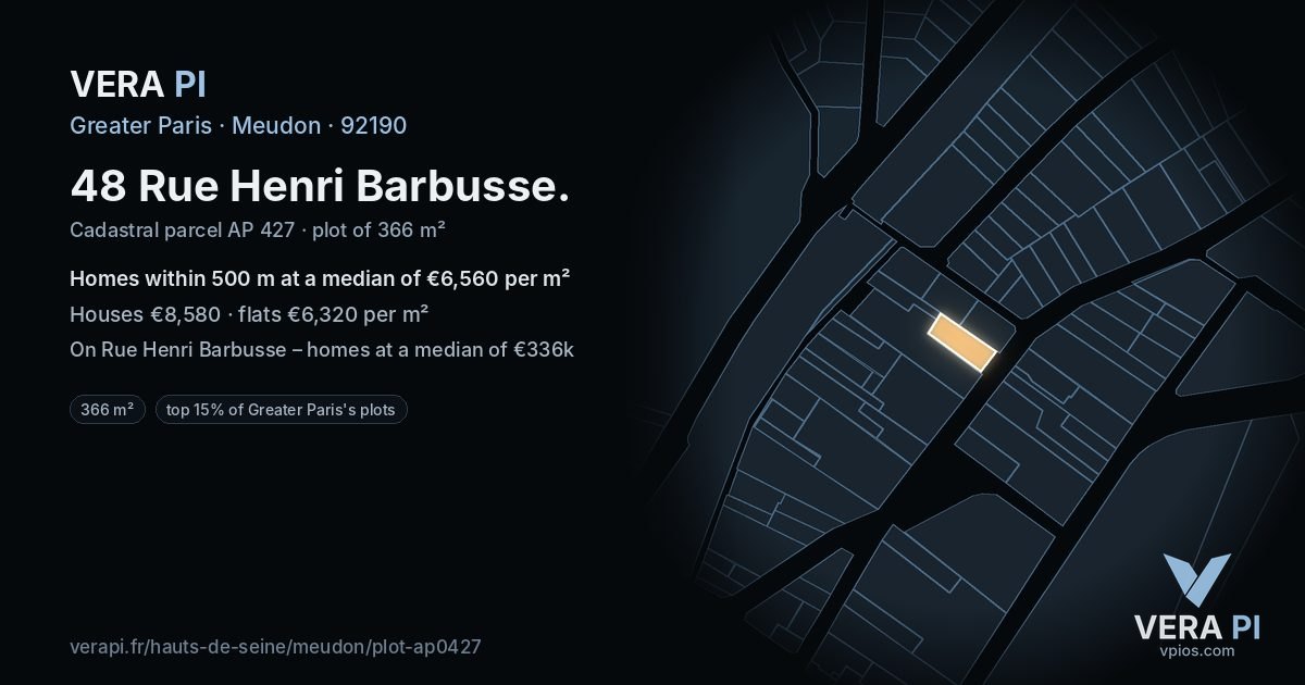 48 Rue Henri Barbusse, Meudon at night – the plot lit, the parcels around coloured by the prices near them
