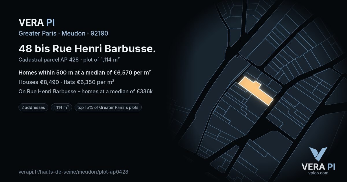 48 bis Rue Henri Barbusse, Meudon at night – the plot lit, the parcels around coloured by the prices near them