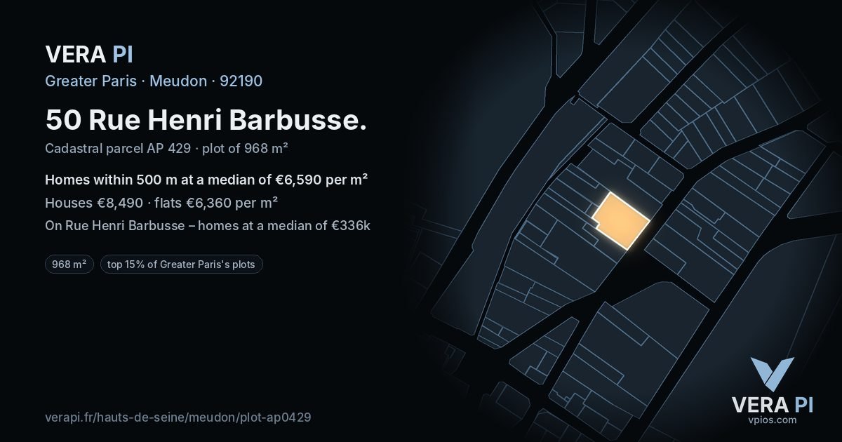 50 Rue Henri Barbusse, Meudon at night – the plot lit, the parcels around coloured by the prices near them