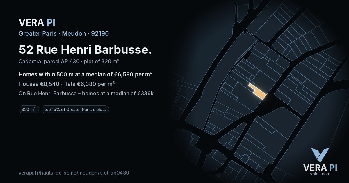 52 Rue Henri Barbusse, Meudon at night – the plot lit, the parcels around coloured by the prices near them