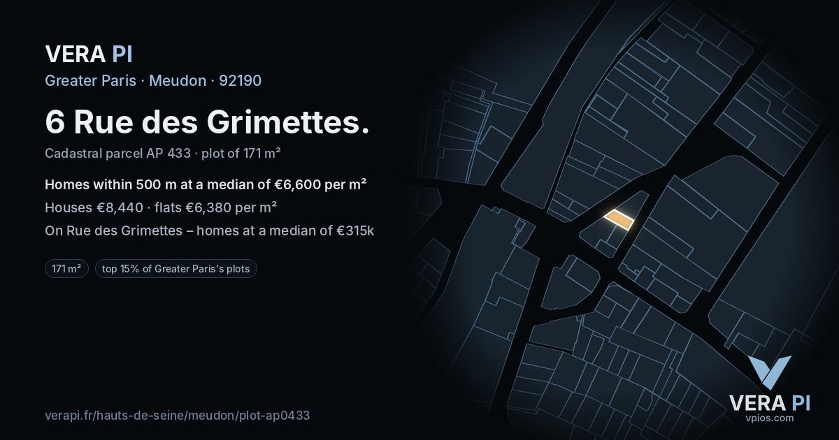 6 Rue des Grimettes, Meudon at night – the plot lit, the parcels around coloured by the prices near them