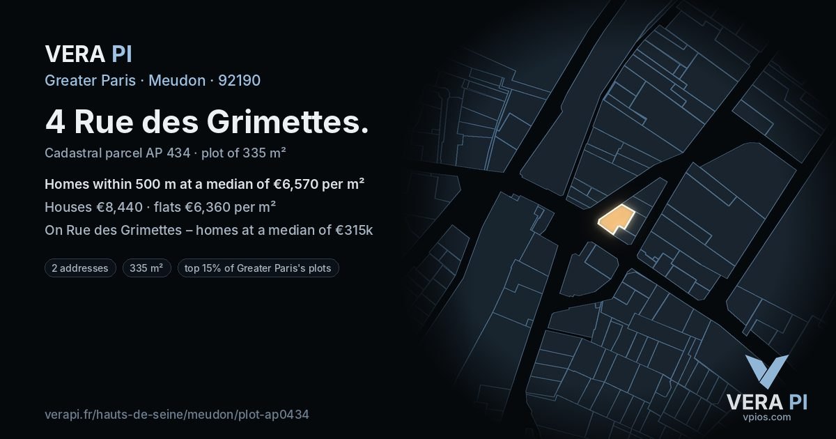 4 Rue des Grimettes, Meudon at night – the plot lit, the parcels around coloured by the prices near them