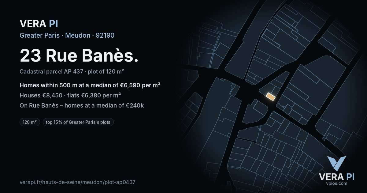 23 Rue Banès, Meudon at night – the plot lit, the parcels around coloured by the prices near them