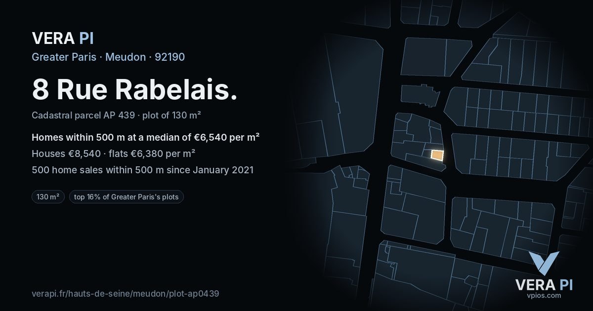 8 Rue Rabelais, Meudon at night – the plot lit, the parcels around coloured by the prices near them