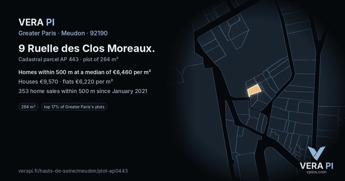 9 Ruelle des Clos Moreaux, Meudon at night – the plot lit, the parcels around coloured by the prices near them