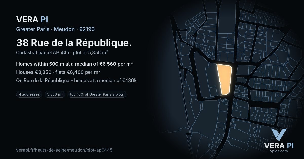 38 Rue de la République, Meudon at night – the plot lit, the parcels around coloured by the prices near them