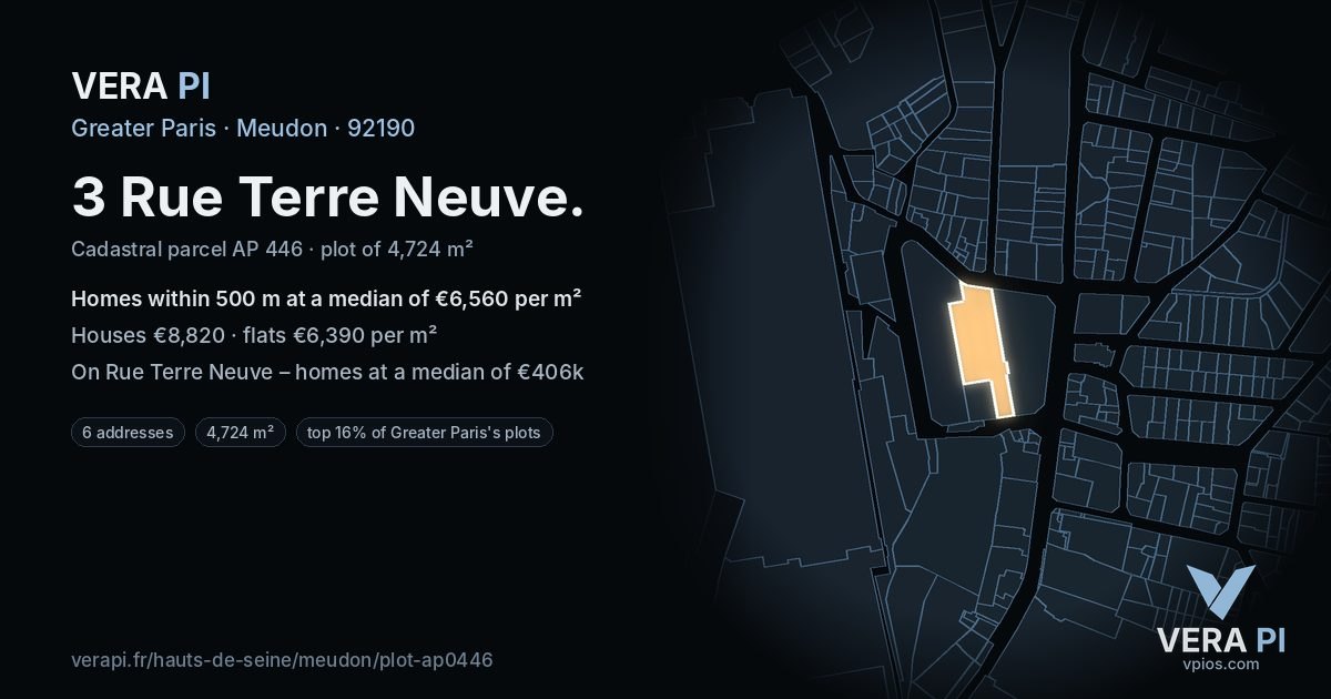 3 Rue Terre Neuve, Meudon at night – the plot lit, the parcels around coloured by the prices near them