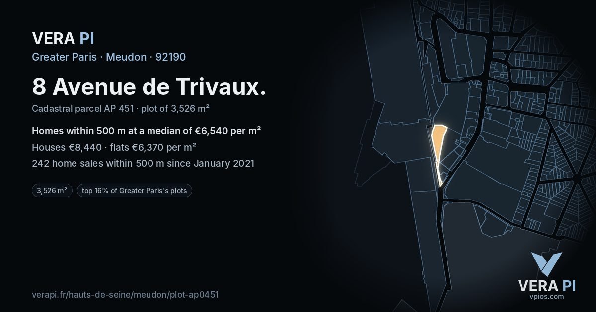 8 Avenue de Trivaux, Meudon at night – the plot lit, the parcels around coloured by the prices near them