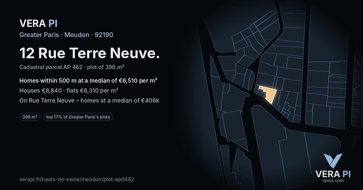 12 Rue Terre Neuve, Meudon at night – the plot lit, the parcels around coloured by the prices near them