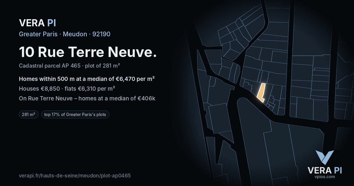 10 Rue Terre Neuve, Meudon at night – the plot lit, the parcels around coloured by the prices near them