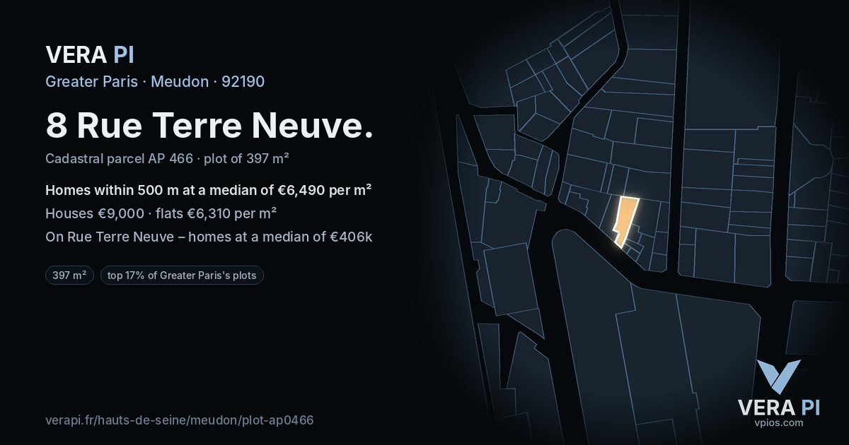 8 Rue Terre Neuve, Meudon at night – the plot lit, the parcels around coloured by the prices near them