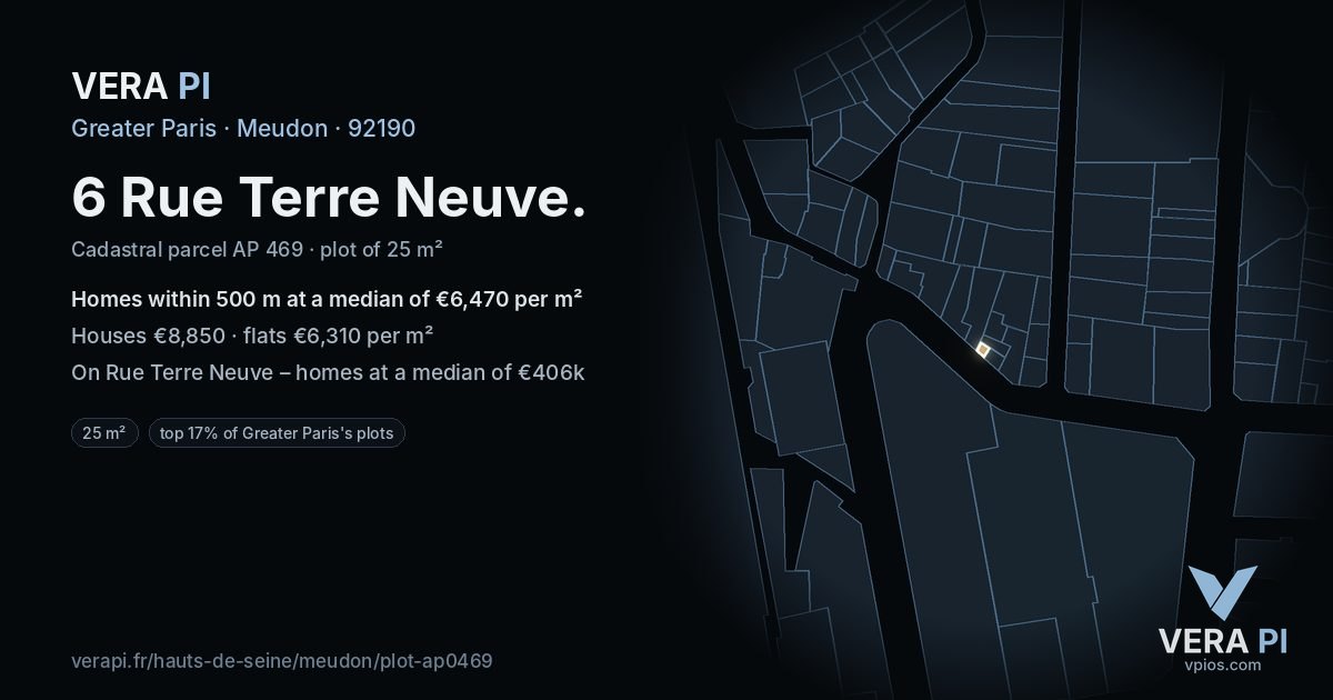 6 Rue Terre Neuve, Meudon at night – the plot lit, the parcels around coloured by the prices near them