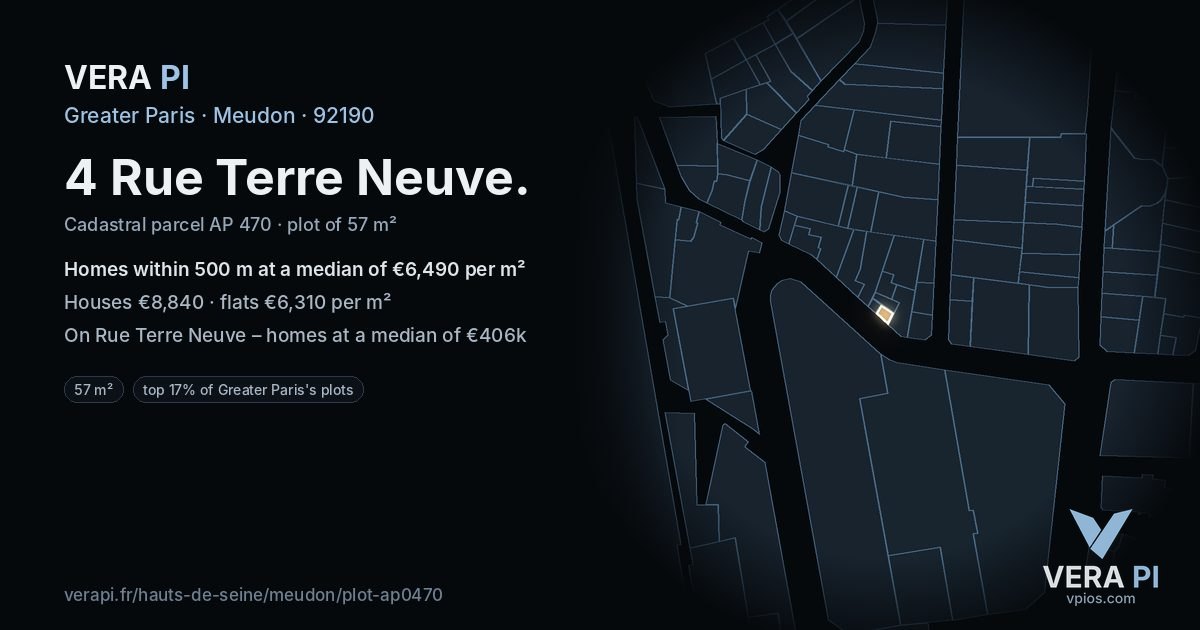 4 Rue Terre Neuve, Meudon at night – the plot lit, the parcels around coloured by the prices near them