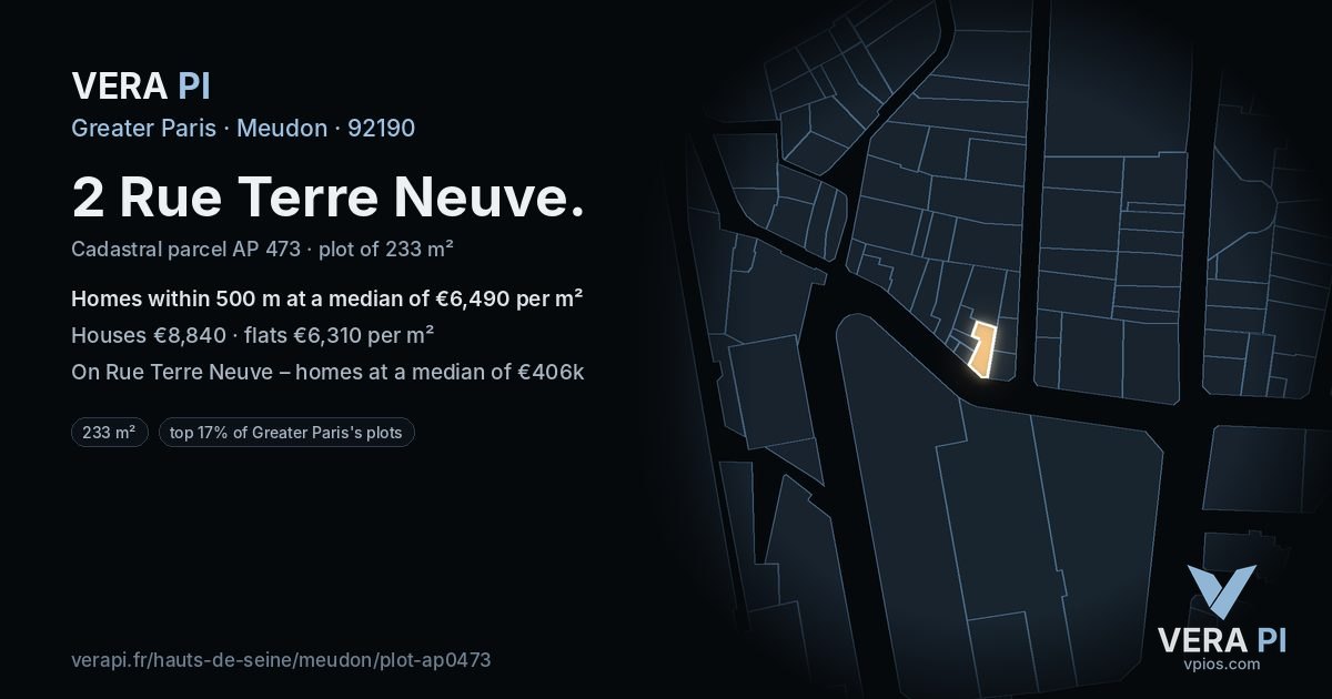 2 Rue Terre Neuve, Meudon at night – the plot lit, the parcels around coloured by the prices near them