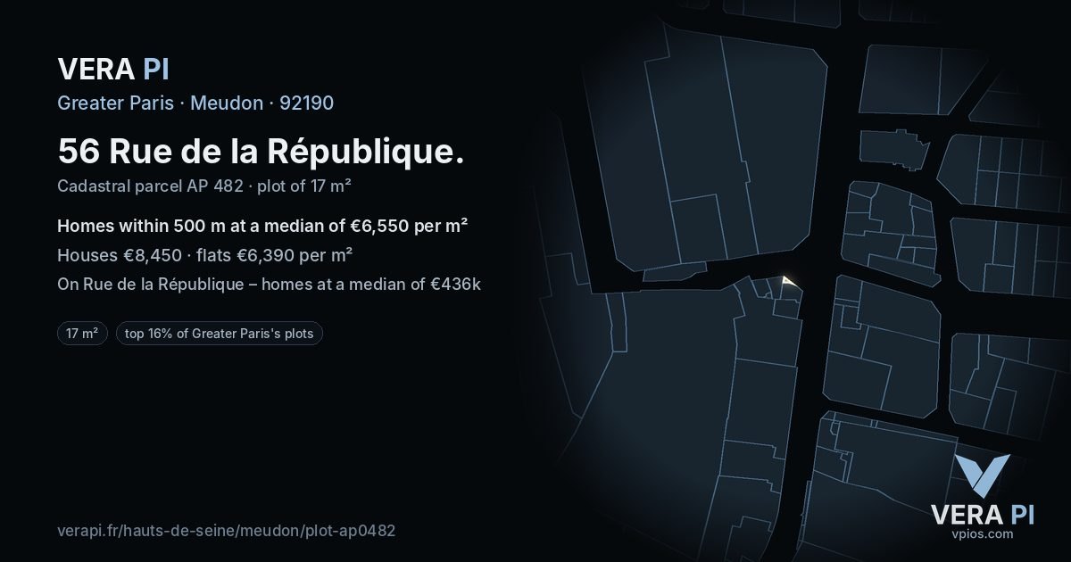 56 Rue de la République, Meudon at night – the plot lit, the parcels around coloured by the prices near them