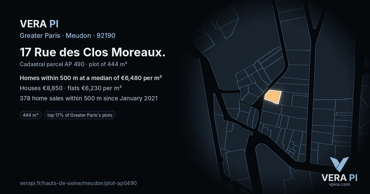 17 Rue des Clos Moreaux, Meudon at night – the plot lit, the parcels around coloured by the prices near them