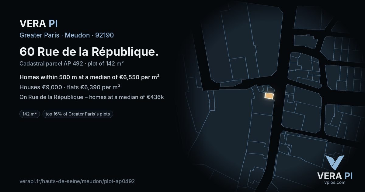 60 Rue de la République, Meudon at night – the plot lit, the parcels around coloured by the prices near them
