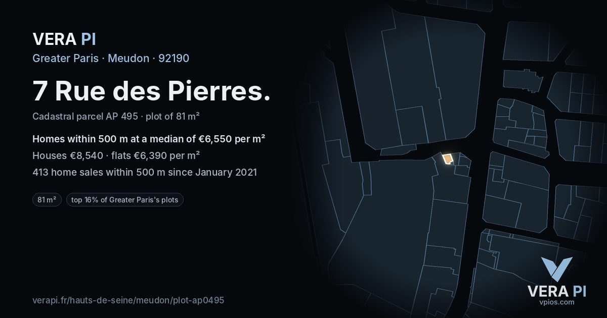 7 Rue des Pierres, Meudon at night – the plot lit, the parcels around coloured by the prices near them