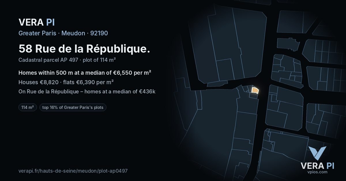 58 Rue de la République, Meudon at night – the plot lit, the parcels around coloured by the prices near them