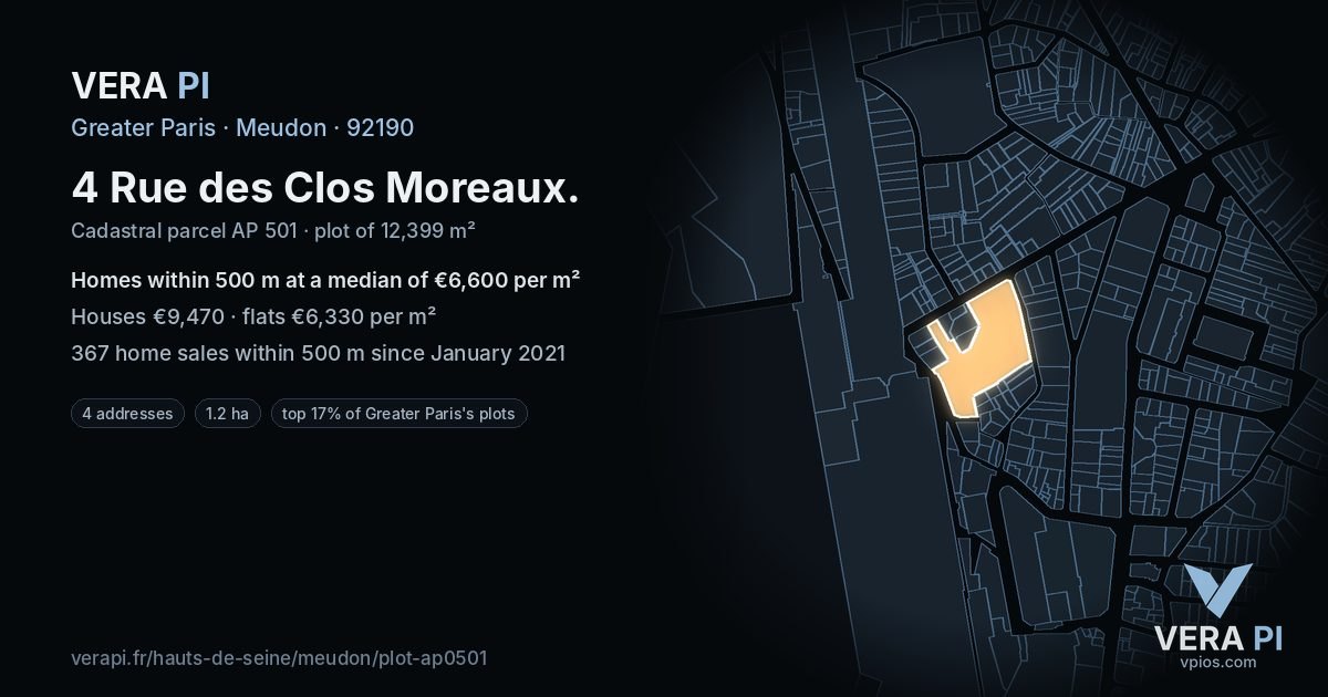 4 Rue des Clos Moreaux, Meudon at night – the plot lit, the parcels around coloured by the prices near them