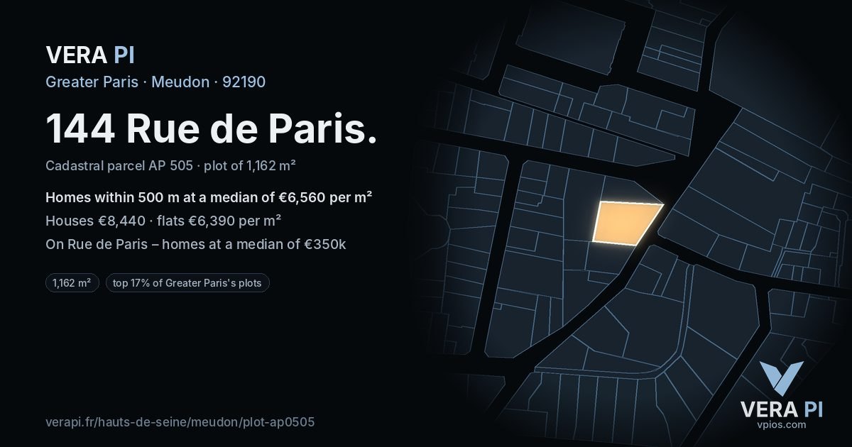 144 Rue de Paris, Meudon at night – the plot lit, the parcels around coloured by the prices near them