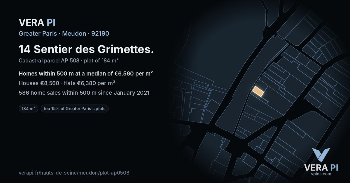14 Sentier des Grimettes, Meudon at night – the plot lit, the parcels around coloured by the prices near them