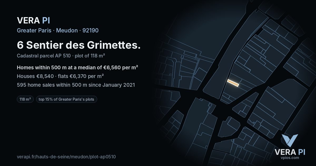 6 Sentier des Grimettes, Meudon at night – the plot lit, the parcels around coloured by the prices near them